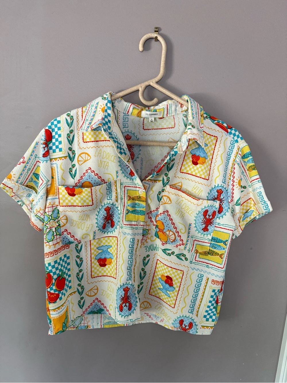 Cropped Short-Sleeve Button-Down in White Multi Print